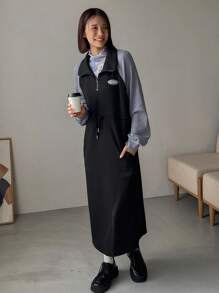 FRIFUL Robe chemise avec manche raglan, détail de pièce de lettre, taille à cordon de serrage