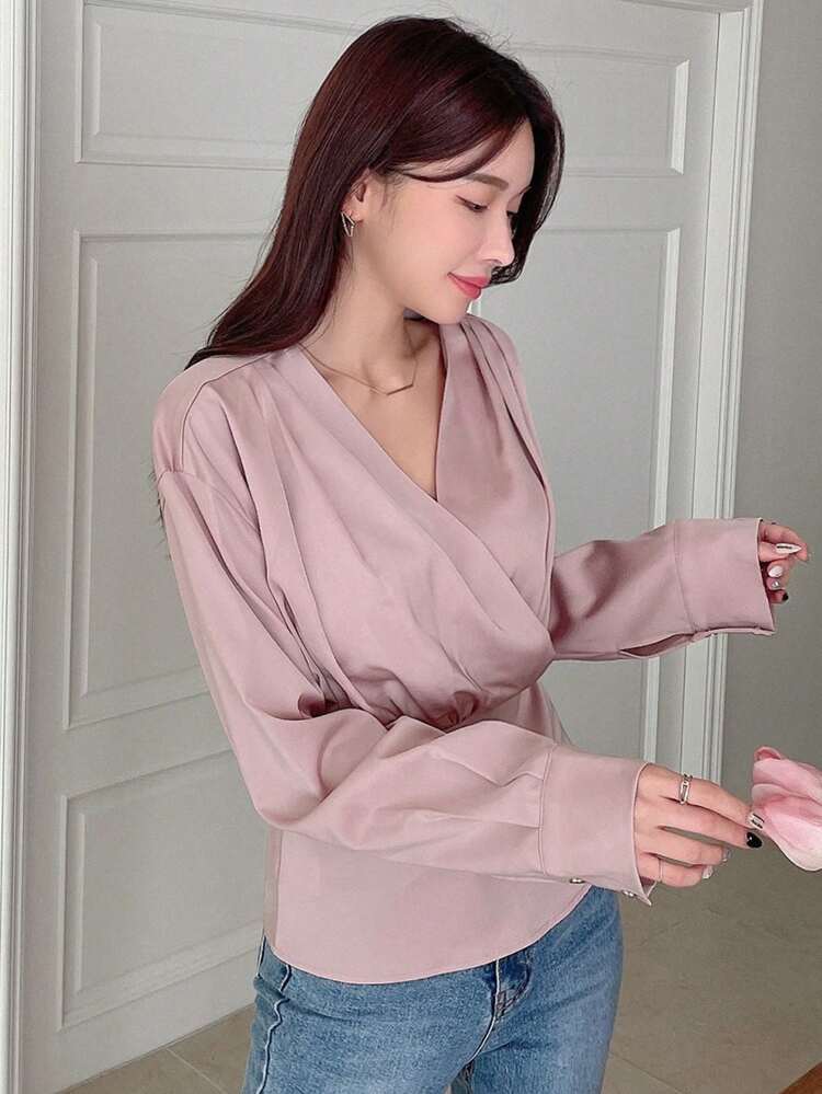 Solid Surplice Neck Blouse Long Sleeve Top