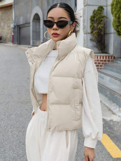 DAZY 女士纯色拉链领休闲背心外套，冬季女式外套