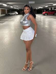 Slaydiva Mock Neck Crop Tank Top - Silver - View 3