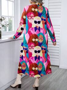 Calvaya Đầm dài thường ngày in hoa cổ polo tay dài xắn gấu cỡ lớn thích hợp cho đi chơi và dự tiệc - Nhiều màu - Xem 2