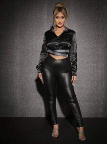 SHEIN SXY 水鑽細節十字交叉後綁帶短款緞面襯衫 - 黑色 - 查看 6