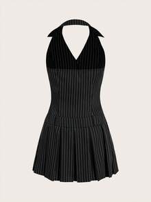 SHEIN MOD Striped Print Button Front Pleated Hem Dress - Black and White - View 2