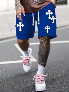 Manfinity EMRG 寬鬆版型男士十字印花短褲，帶束口腰帶 - 藏蓝色 - 查看 5