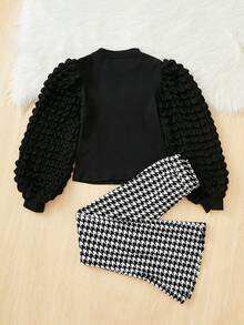 SHEIN Tween Girl Houndstooth Print Lantern Sleeve Top & Flare Leg Pants - Multicolor - View 6