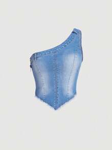 青少年女孩單肩手帕下擺牛仔上衣 - 中等水洗藍 - 查看 1