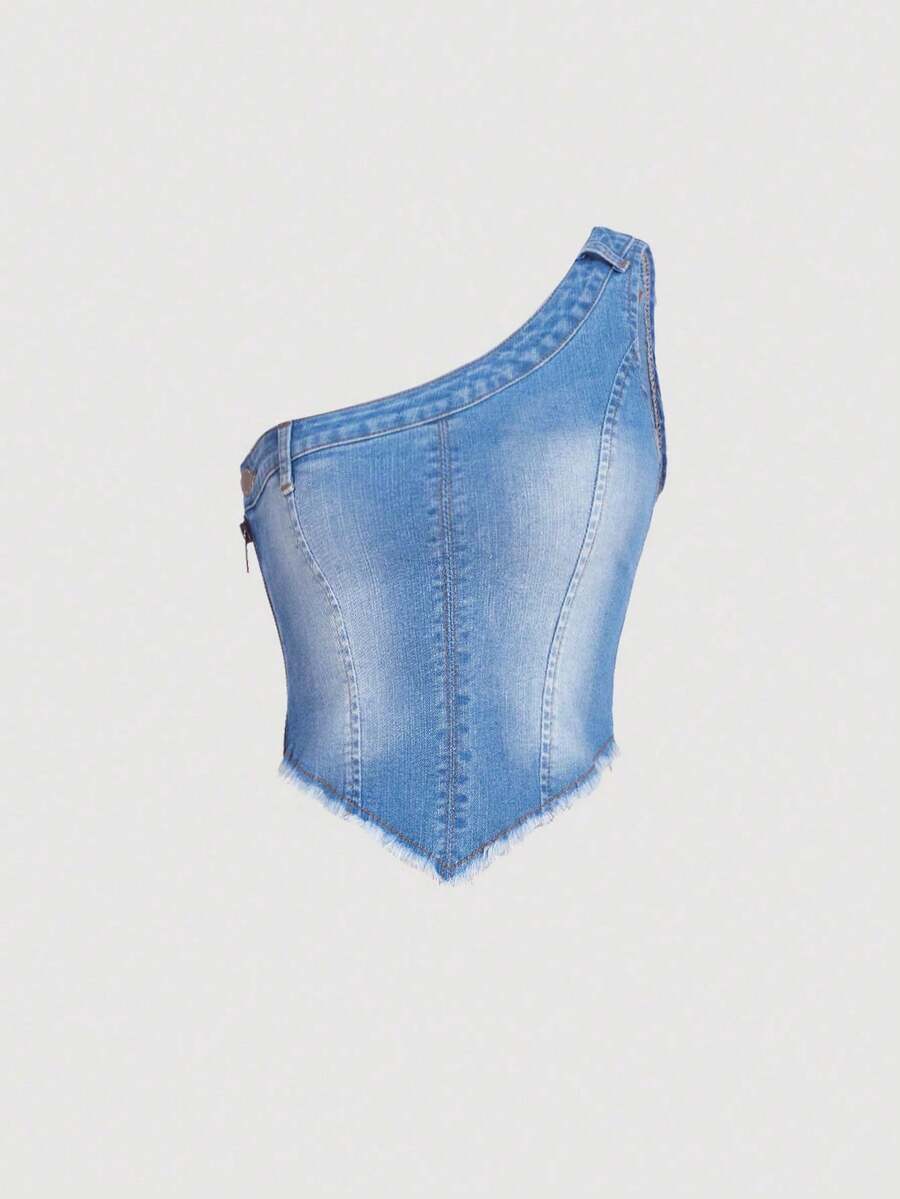 青少年女孩單肩手帕下擺牛仔上衣 - 中等水洗藍 - 查看 1