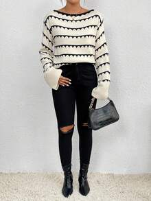 SHEIN Frenchy Mẫu sọc Thả vai Áo len - Màu be - Xem 4