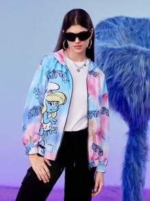 SHEIN X The Smurfs Tie Dye Letter Graphic Drop Shoulder Hooded Jacket - Multicolor - View 3