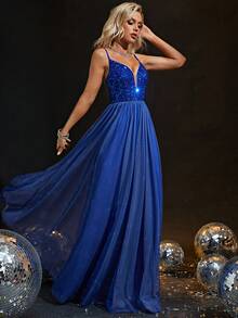 Contrast Sequin Mesh Overlay Cami Formal Dress - Royal Blue - View 3