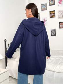 Flirla Plus Dual Pocket Duffle Hooded Duffle Button Front Overcoat - Navy Blue - View 2