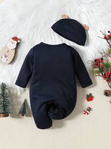 SHEIN 男嬰聖誕印花睡眠連身衣和聖誕帽子