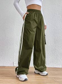 SHEIN EZwear Contrast Tape Side Flap Pocket Side Cargo Pants - Army Green - View 4
