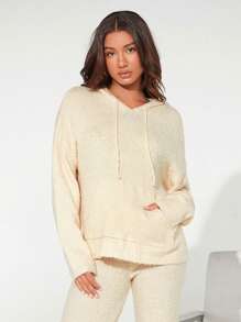 SHEIN BASICS Kangaroo Pocket Drop Shoulder Drawstring Hooded Sweater