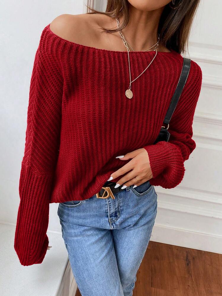 SHEIN Unity 素色落肩袖套頭毛衣 - 紅色 - 查看 7