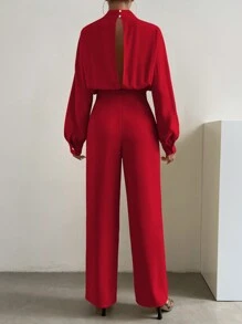 Chiquease Mock Neck Lantern Sleeve Wide Leg Jumpsuit - Burgundy - View 2