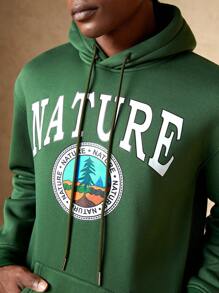 In My Nature 男士字母圖案袋鼠口袋抽繩連帽衫 - 綠色 - 查看 4