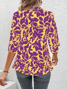 SHEIN LUNE 滿版印花缺口領花瓣袖襯衫 - 黃色 - 查看 2