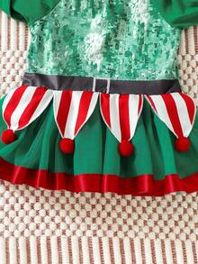 SHEIN 女嬰條紋圖案和聖誕圖案插肩袖洋裝和帽