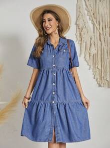 SHEIN LUNE 翻蓋口袋荷葉邊牛仔洋裝 - 深色水洗藍 - 查看 5