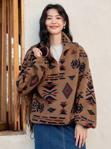 DAZY 几何印花灯笼袖半拉链运动衫、长袖上衣、秋季女装 - 駝色 - 查看 4