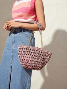 SHEIN VCAY Women's Woven Shoulder Bag With Zipper And Chain Large Capacity Simple And Fashionable Multifunctional - Multicolor - View 8