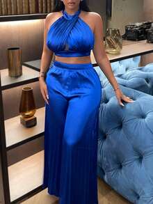 Slaydiva Chất rắn Áo hai dây & Quần ống rộng - Xanh đậm - Xem 5