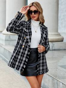 SHEIN Clasi Plaid Pattern Raw Trim Double Breasted Tweed Overcoat - Black - View 4