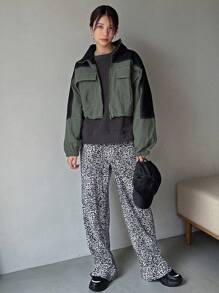 FRIFUL Two Tone Flap Pocket Drop Shoulder Zipper Jacket,Fall Clothes - Green - View 5