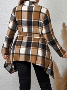 EMERY ROSE Plus Plaid Print Asymmetrical Hem Belted Overcoat - Multicolor - View 2