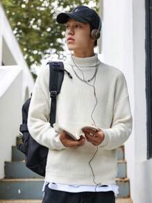 Manfinity Hypemode Loose Men's Turtleneck Drop Shoulder Sweater - Beige - View 1