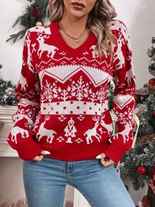 Chiquease Suéter de punto con caída de hombros con estampado navideño para otoño e invierno - Rojo - Ver 6