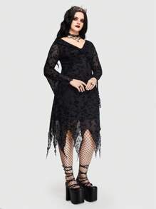 ROMWE PUNK Plus Floral Pattern Asymmetrical Hem Dress - Black - View 1