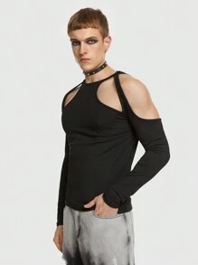 ROMWE MEN ROMWE Avant Các bạn Vai lạnh Cắt ra Đồ đan Ribbed Áo thun - màu đen - Xem 3