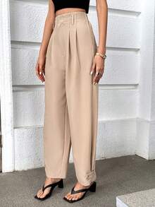 SHEIN Essnce 高腰拼接細節直筒褲 - 卡其色 - 查看 3