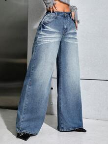 SHEIN ICON 高腰闊腿牛仔褲 - 黑色 - 查看 6