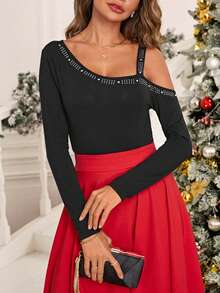 SHEIN Clasi Cổ không đối xứng Rhinestone Chi tiết Áo thun - màu đen - Xem 6