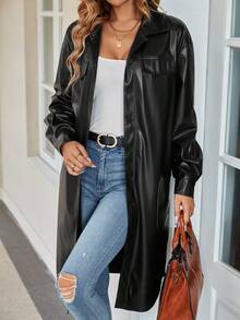 SHEIN LUNE Drop Shoulder Flap Detail PU Leather Coat - Black - View 5
