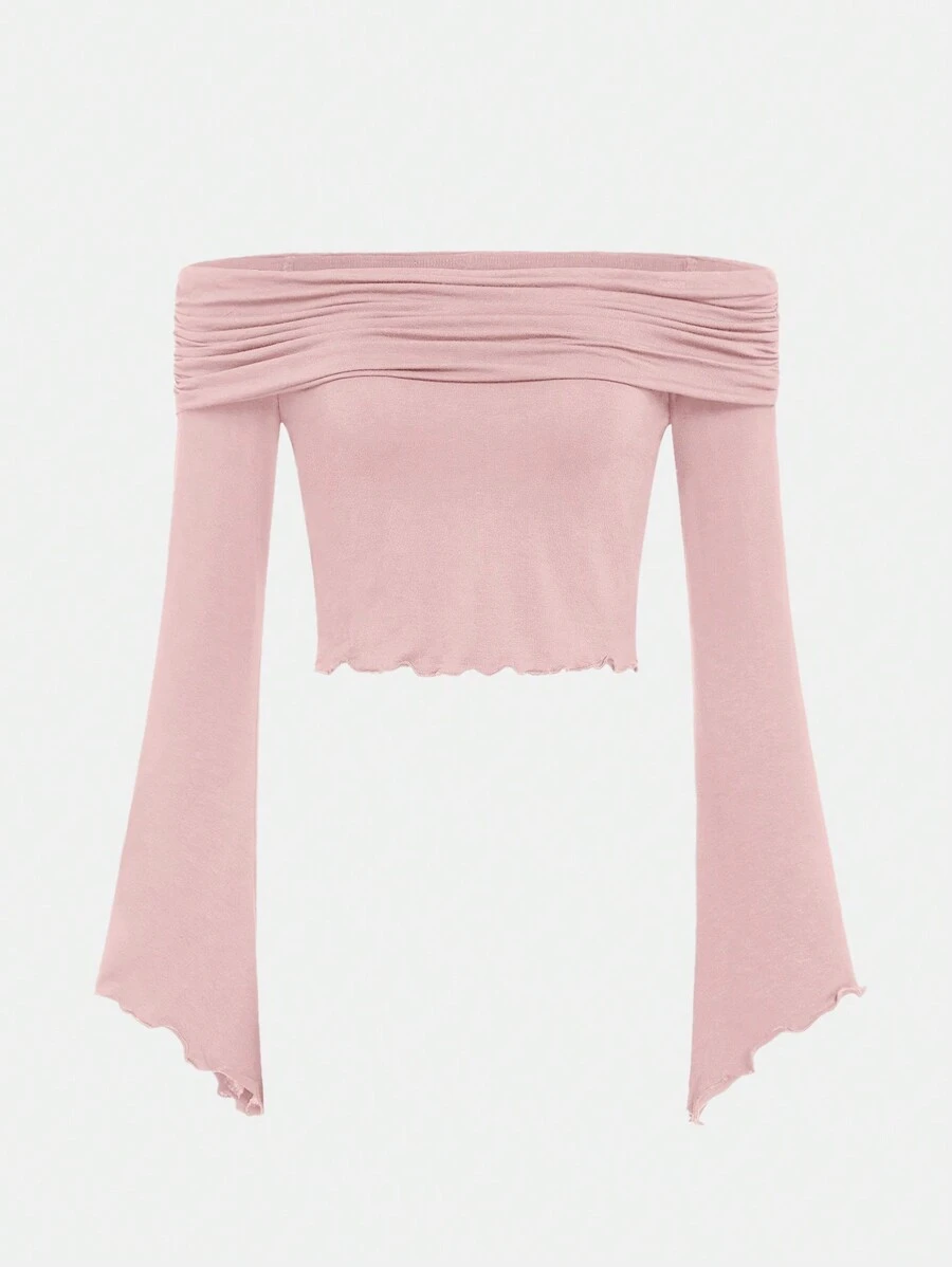 SHEIN Girlism Chica adolescente Camiseta de hombros descubiertos ribete en forma de lechuga fruncido - Rosa Pálido - Ver 1