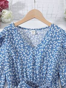 SHEIN Leap Crew Teen Girl Ditsy Floral Print Ruffle Hem Belted Dress - Baby Blue - View 3