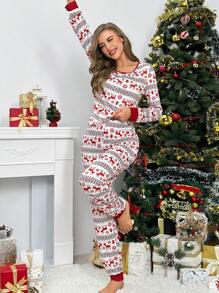 Conjunto de pijama con estampado de Navidad ribete en contraste - Multicolor - Ver 1