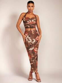 SHEIN BAE Leopard & Floral Print Pencil Skirt - Brown - View 2