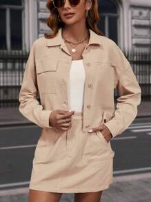 SHEIN LUNE Drop Shoulder Flap Pocket Jacket & Skirt - Khaki - View 1