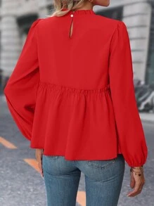 Chiquease 褶邊燈籠袖荷葉邊下擺襯衫 - 紅色 - 查看 2