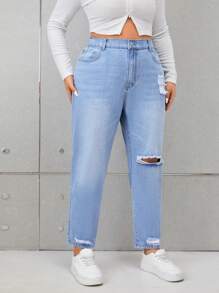 SHEIN Privé 大碼高腰破洞媽媽牛仔褲 - 藍色 - 查看 1