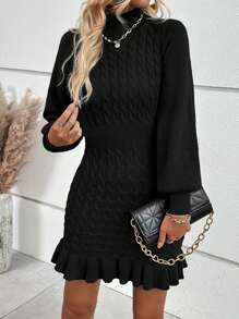 SHEIN Clasi Cable Knit Mock Neck Ruffle Hem Sweater Dress Fall Cloth For Women - Black - View 1
