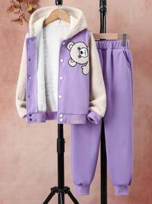 女大童小熊刺繡加絨內裏連帽夾克和運動褲 - 紫丁香色 - 查看 1