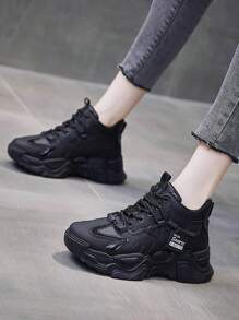 女性時尚素色厚底繫帶戶外運動鞋帶防滑&透氣襯墊,理想適用於健身,跑步和其他活動 - 黑色 - 查看 3