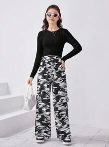 SHEIN Teen Girl Solid Crop Tee & Camo Print Wide Leg Pants - Black - View 4