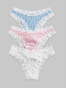 ROMWE Kawaii 3pack Himekaji Contrast Lace Ribbed Knit Panties - Multicolor - View 1